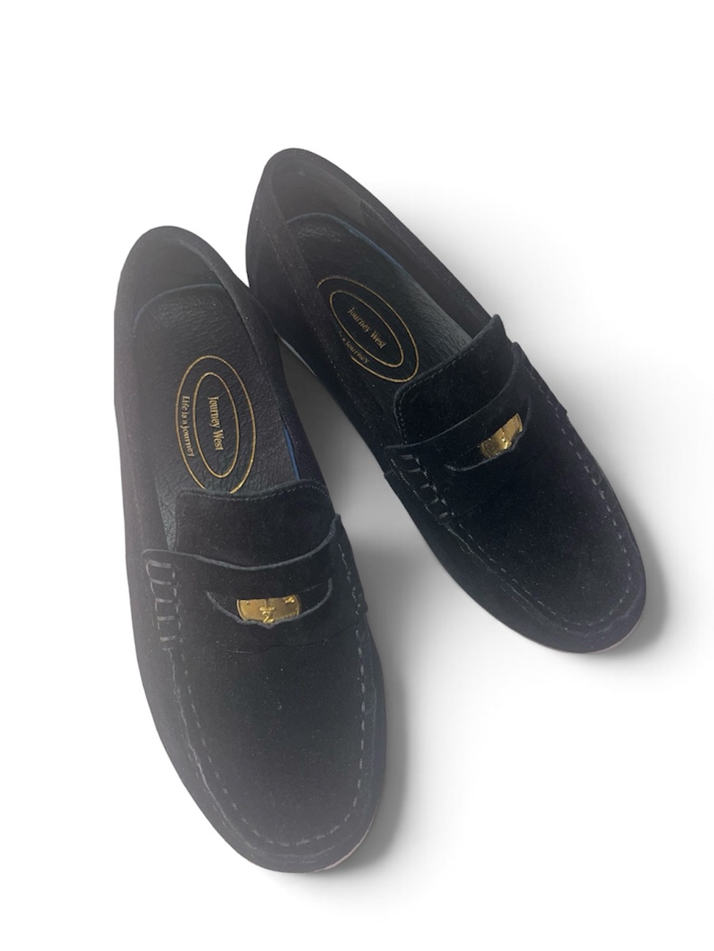Women’s Journey West  Black Suede Slip-On Loafers with Gold Accent 7.5